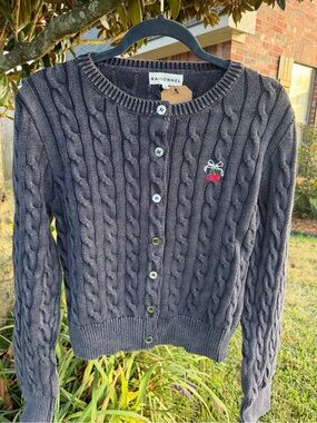 RAISONNEL Womens L Cable Knit Cardigan Gray Cherry Embroidered 100% Cotton